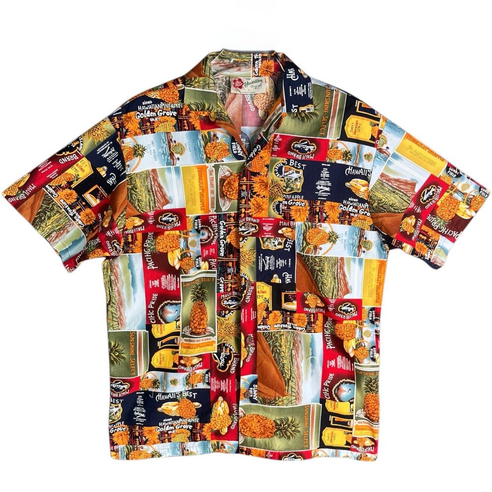 Vintage Hilo Hattie Men's XL Shirt Hawaiian Fruit Labels Luau Tiki 40" Chest